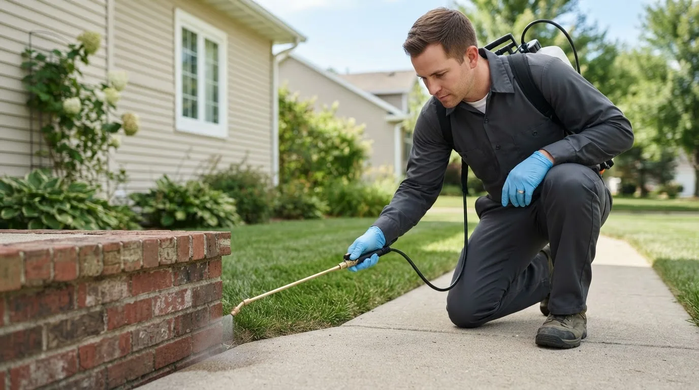 Pest control technician treating a home near Sallisaw, OK